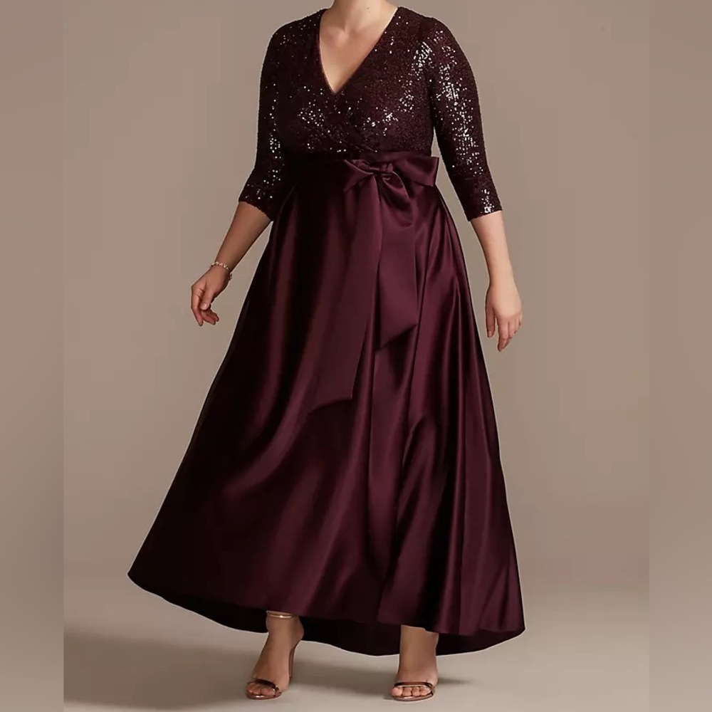 Elegant Women's Sequin Satin A-Line Dress in Deep Plum size 14